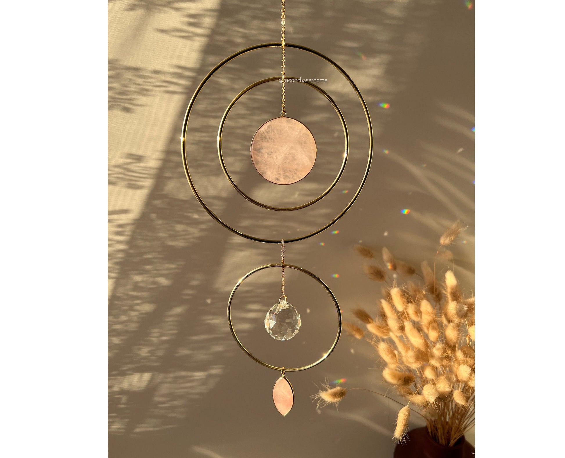 Meera light gold hoop suncatcher home decor  with two big rose quartz pendant, Valentine's day gift for woman