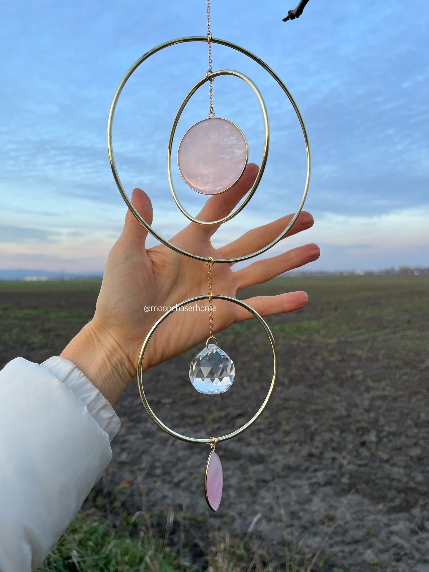 Meera light gold hoop suncatcher home decor  with two big rose quartz pendant, Valentine's day gift for woman