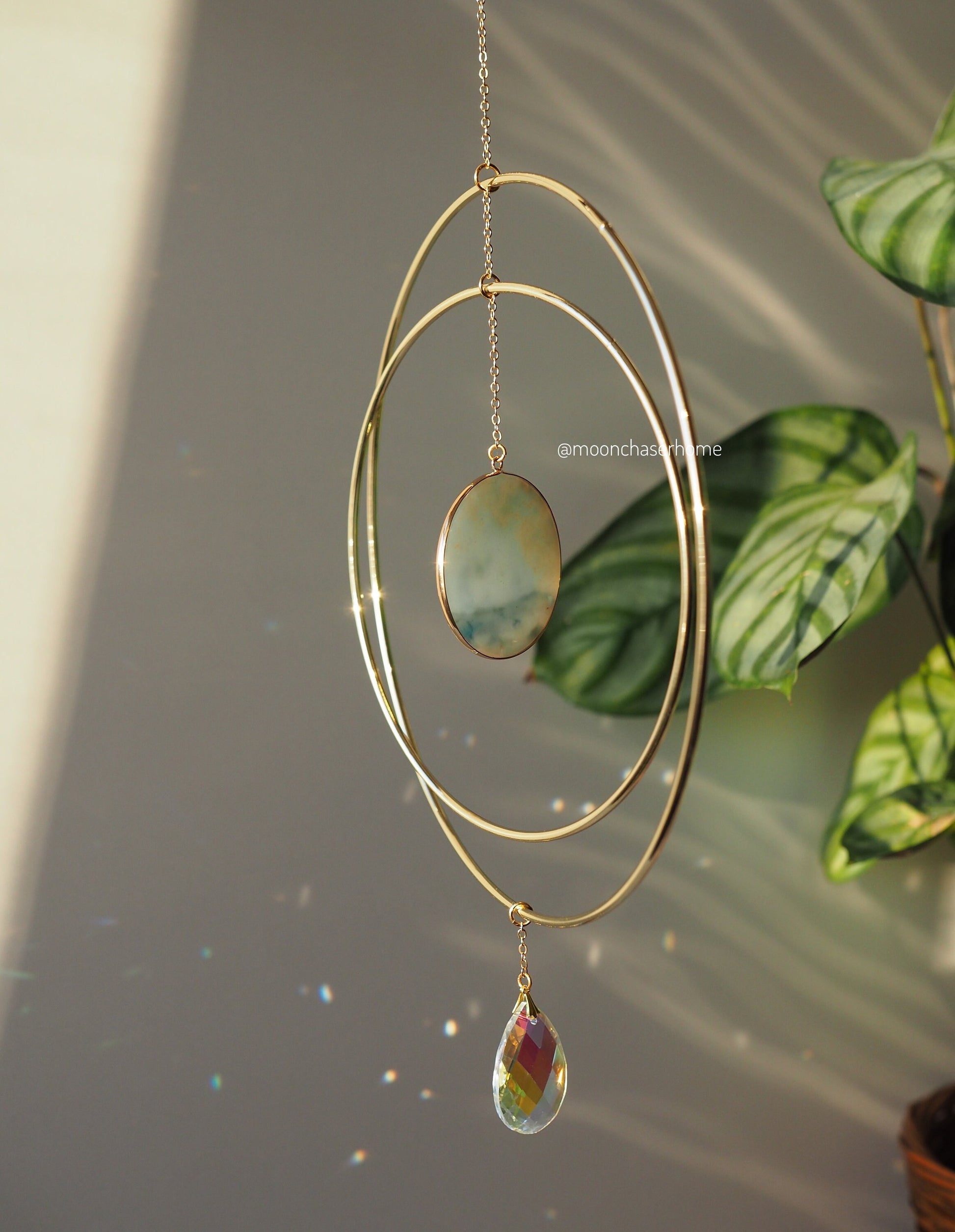 Anila-Big 19cm/7,4″ gold circle sun catcher mobile with natural crystals, amazonite, labradorite, rose quartz