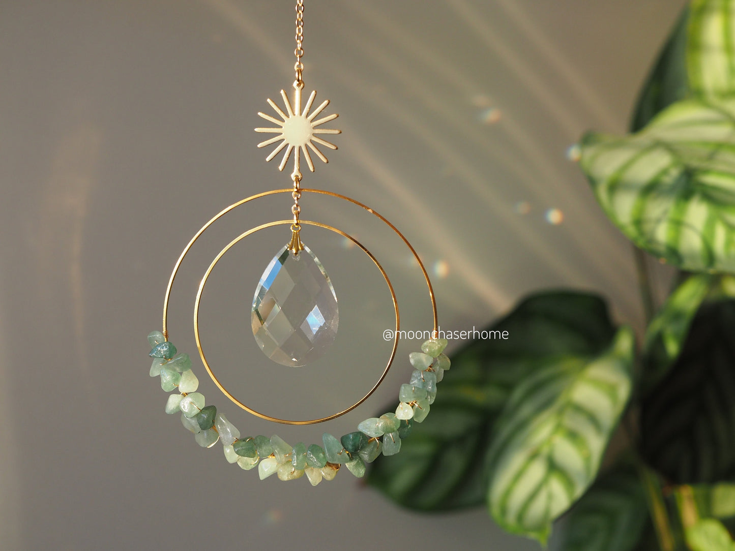 Aziza suncatcher with gold plated SUN and glass beads, crystal car charm, rainbow prism, light diffuser,boho home decoration, gift idea for