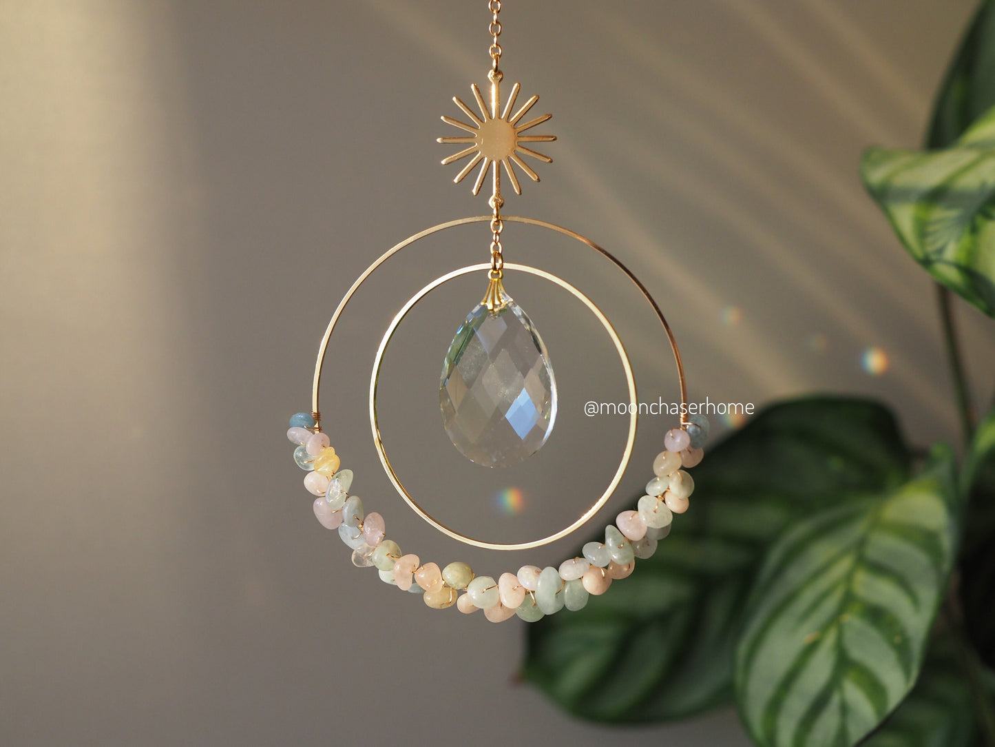 Aziza suncatcher with gold plated SUN and glass beads, crystal car charm, rainbow prism, light diffuser,boho home decoration, gift idea for