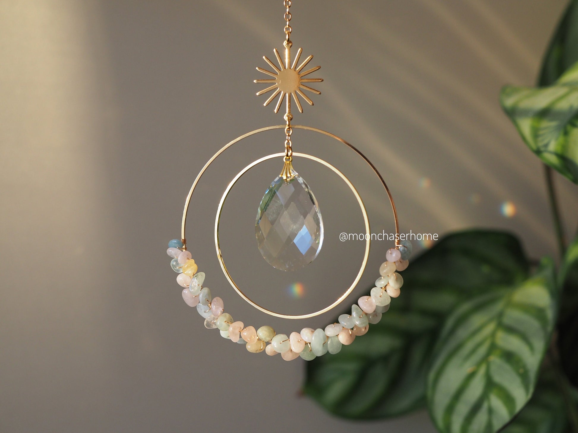 Aziza suncatcher with gold plated SUN and glass beads, crystal car charm, rainbow prism, light diffuser,boho home decoration, gift idea for