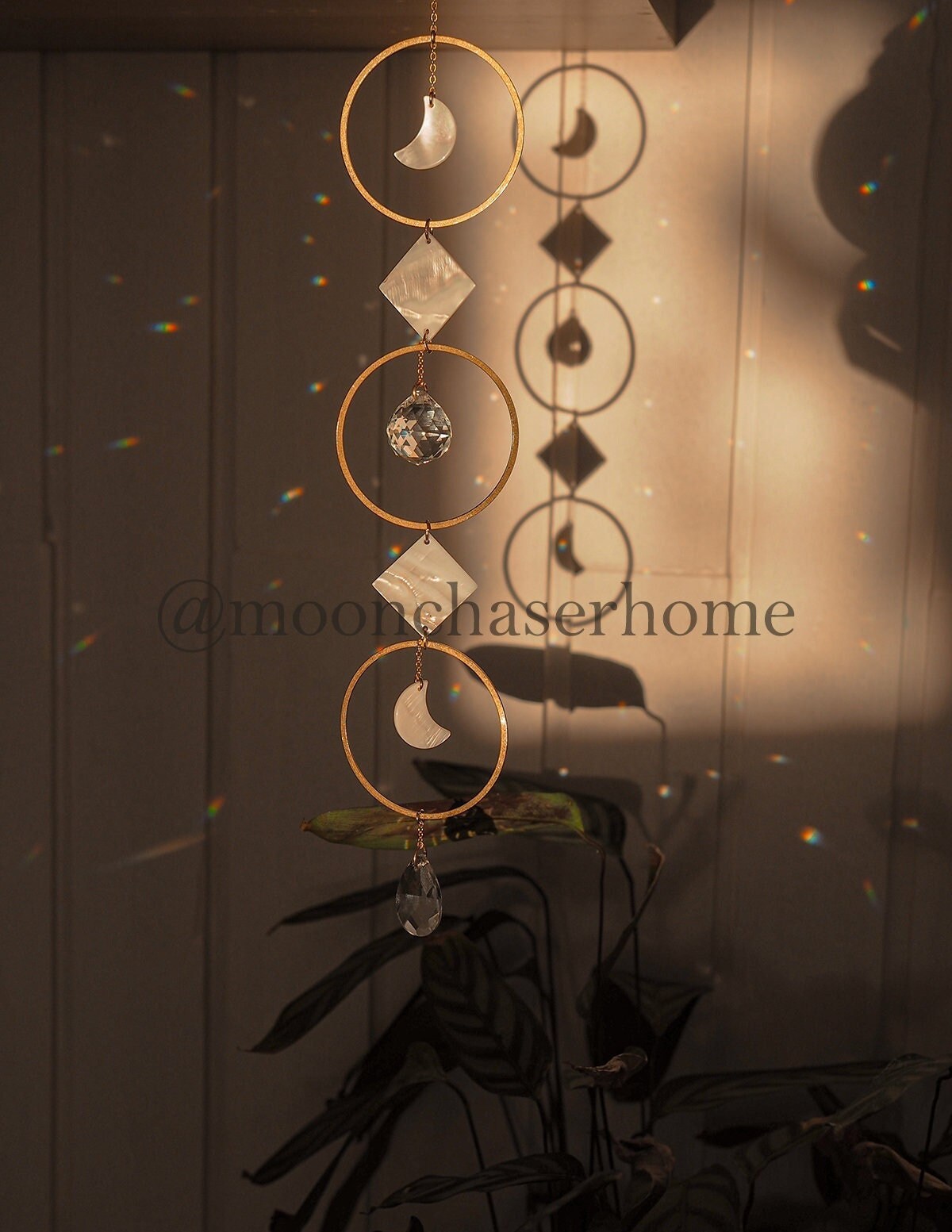 Nala Sun Catcher with shell and brass hoops,  Fairy or Sphere Prism, Window Hanging Rainbow Maker