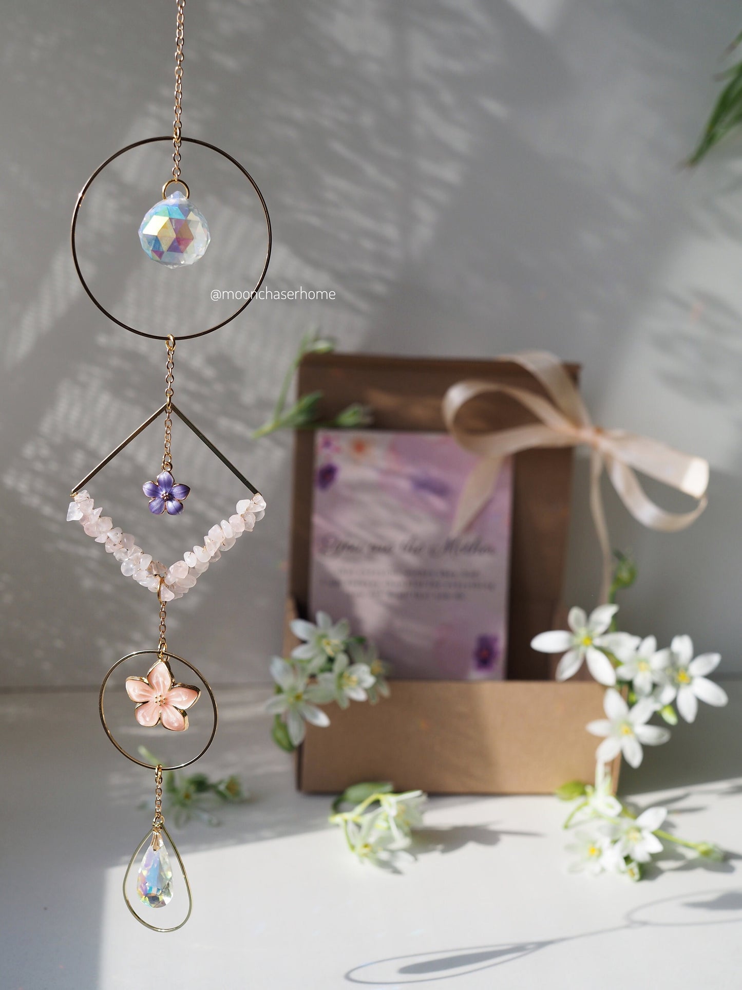 Mother's day personalized gift 18k gold plated suncather with flower pendants and gift card for Mom uique gift for Mothers