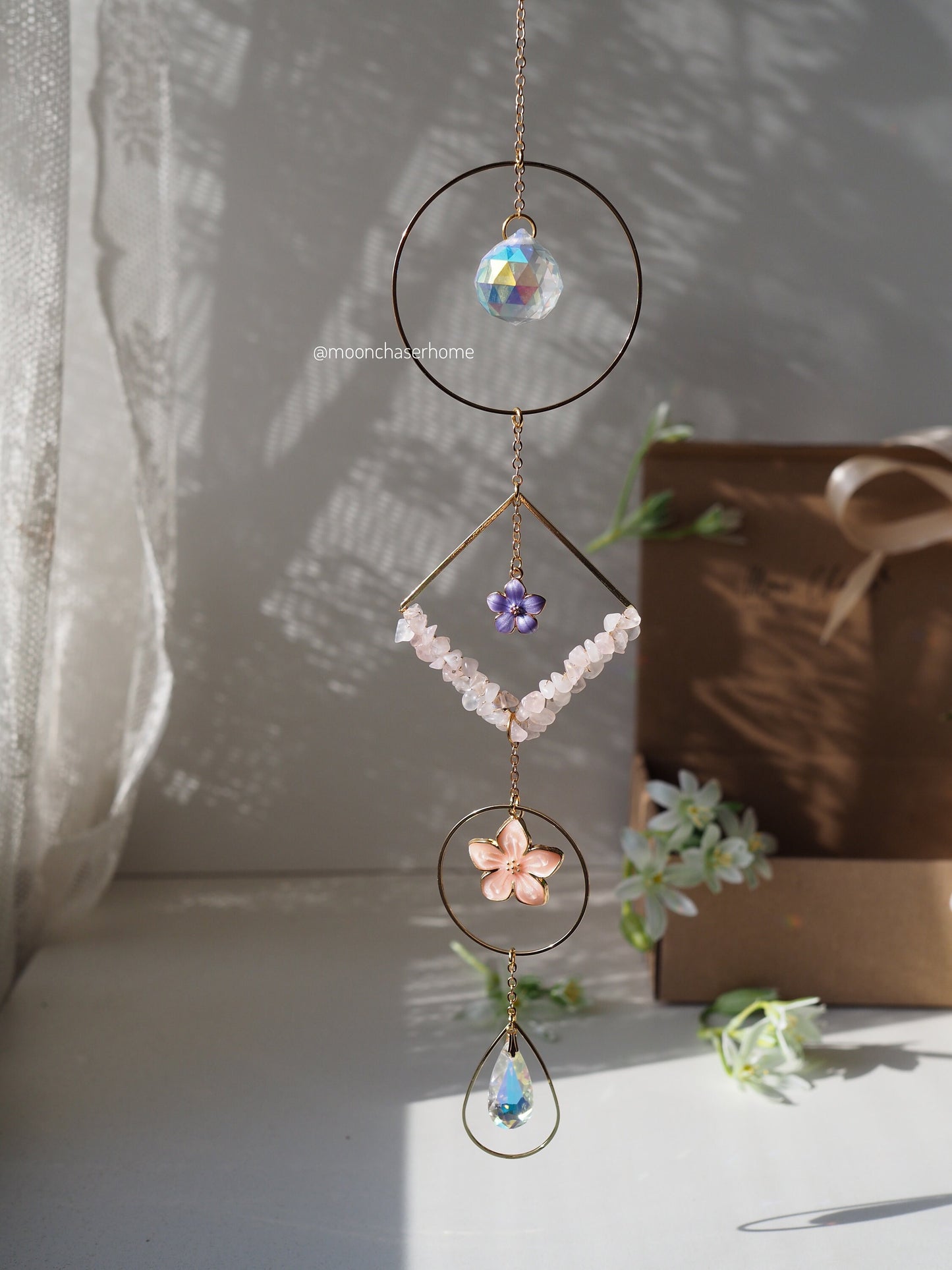 Mother's day personalized gift 18k gold plated suncather with flower pendants and gift card for Mom uique gift for Mothers