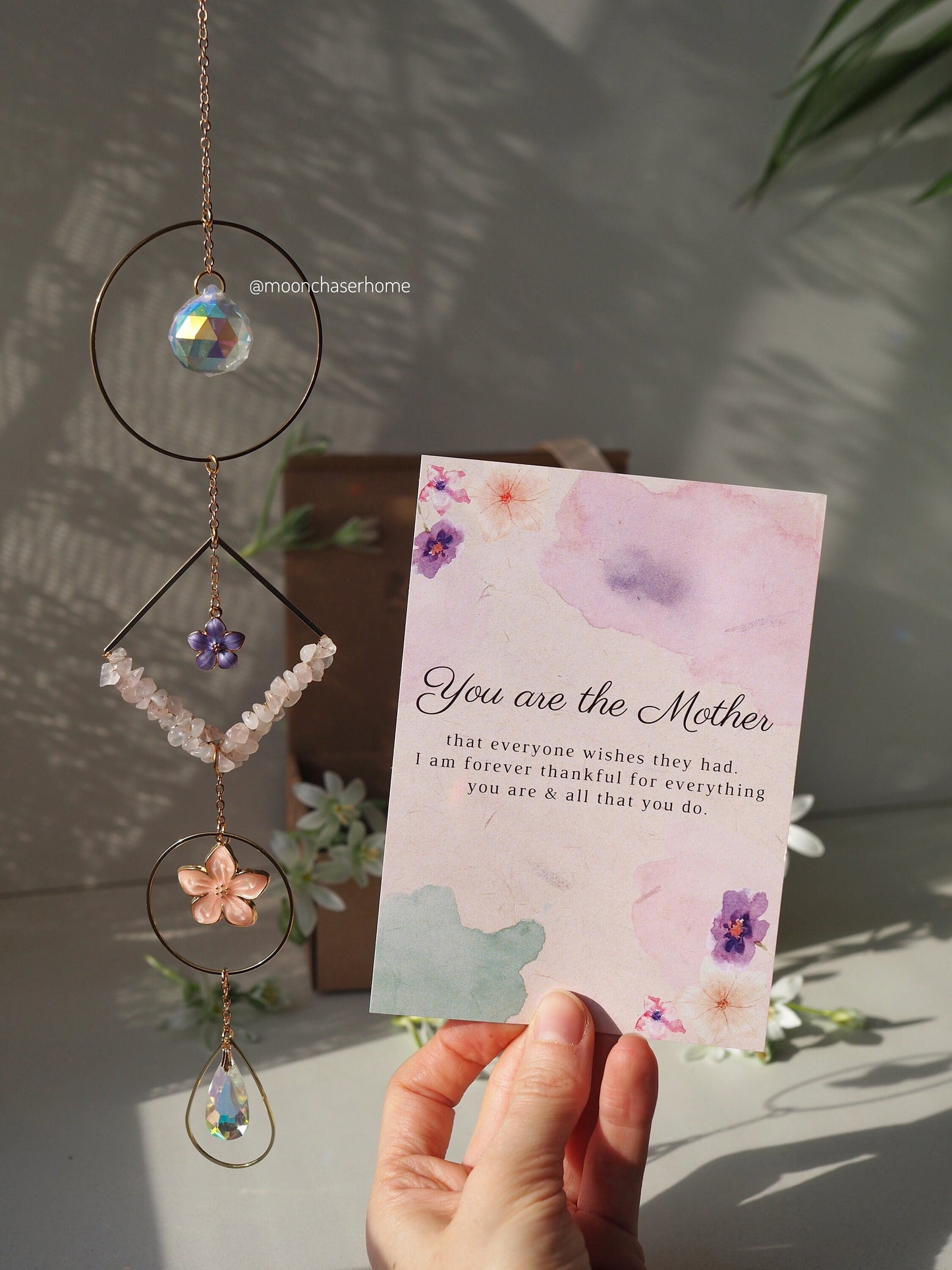 Mother's day personalized gift 18k gold plated suncather with flower pendants and gift card for Mom uique gift for Mothers