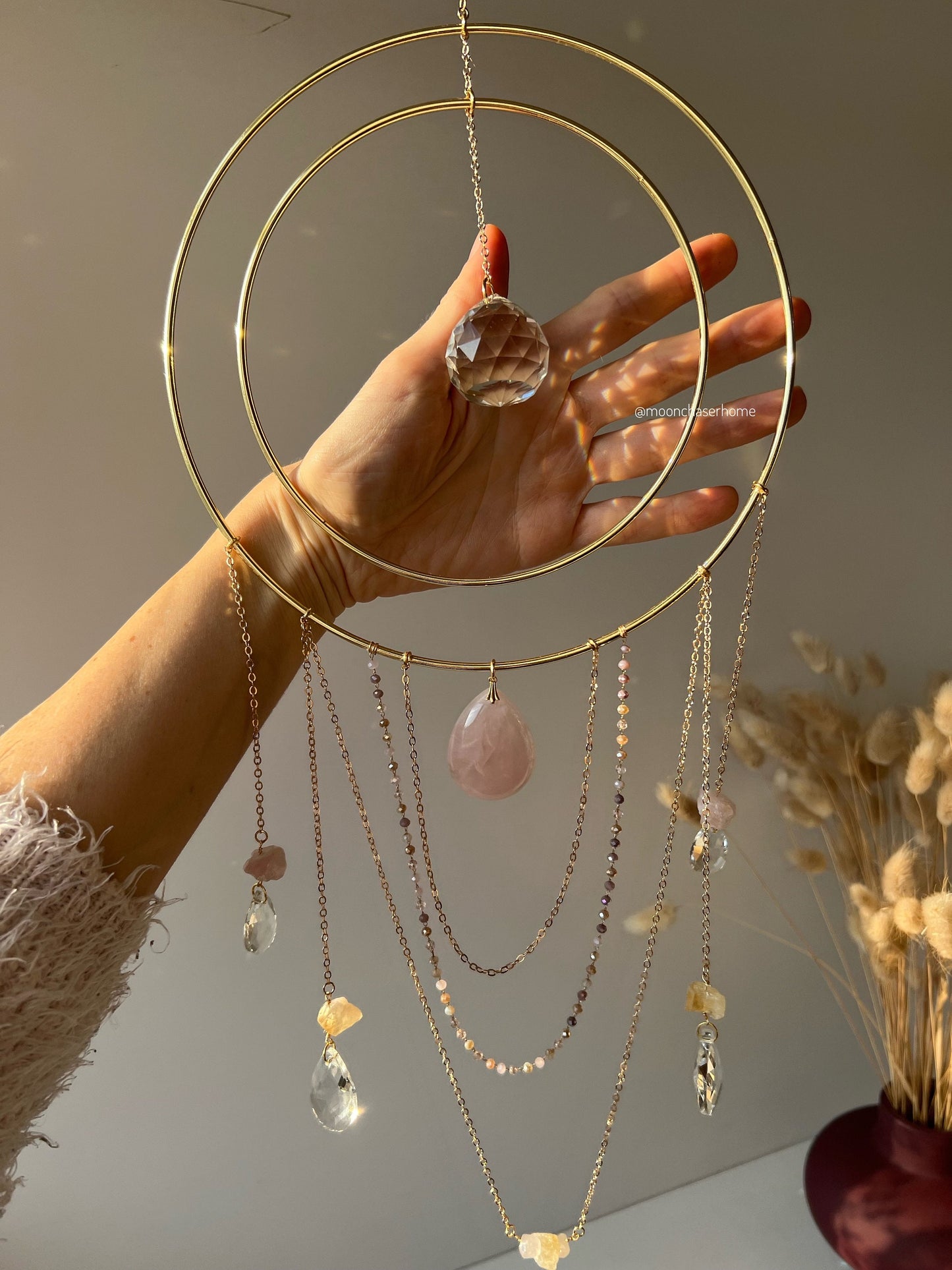 Nova rose quartz + citrine suncatcher 19cm/7,4″ gold circle big suncatcher