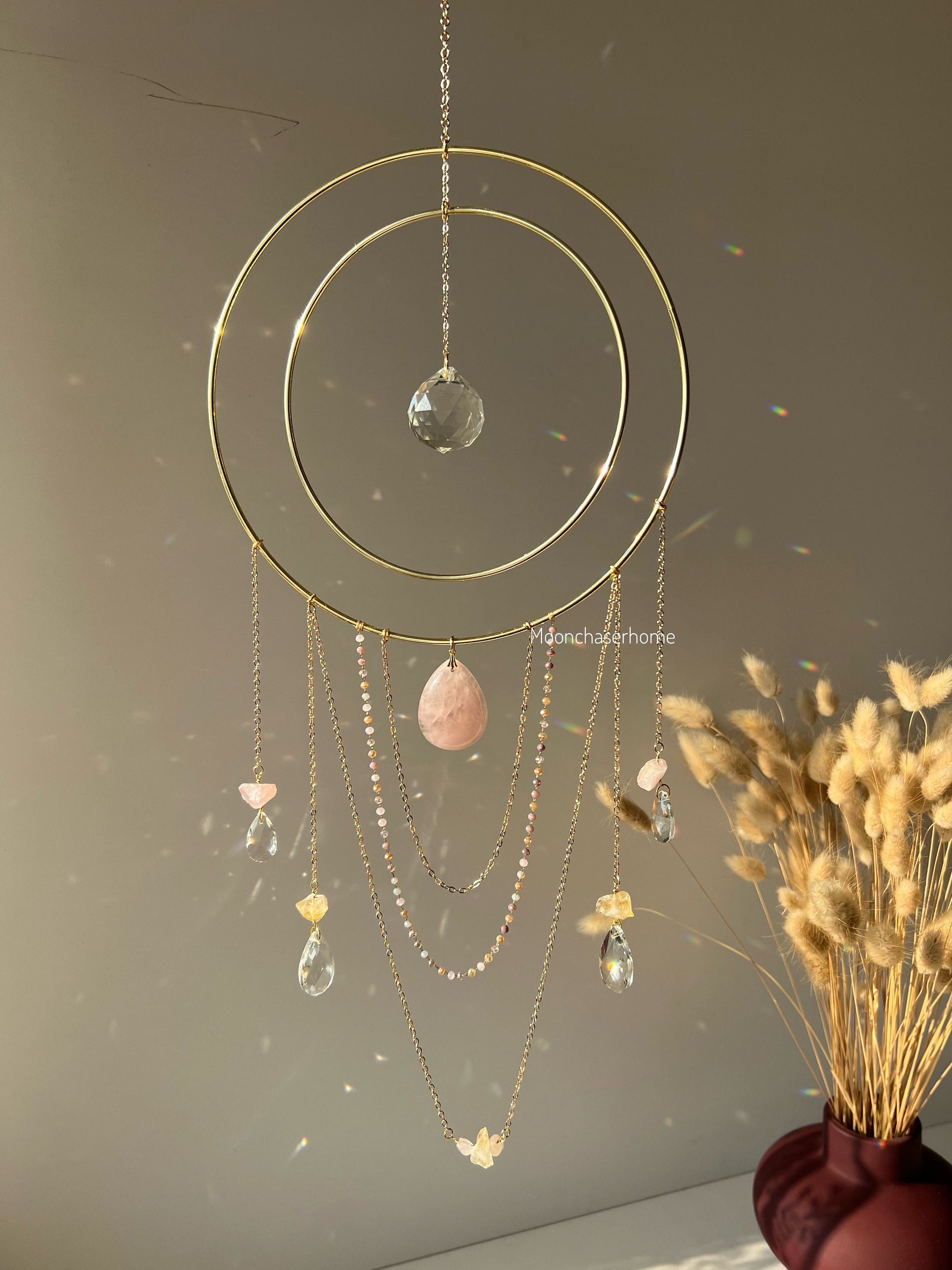 Nova rose quartz + citrine suncatcher 19cm/7,4″ gold circle big suncatcher