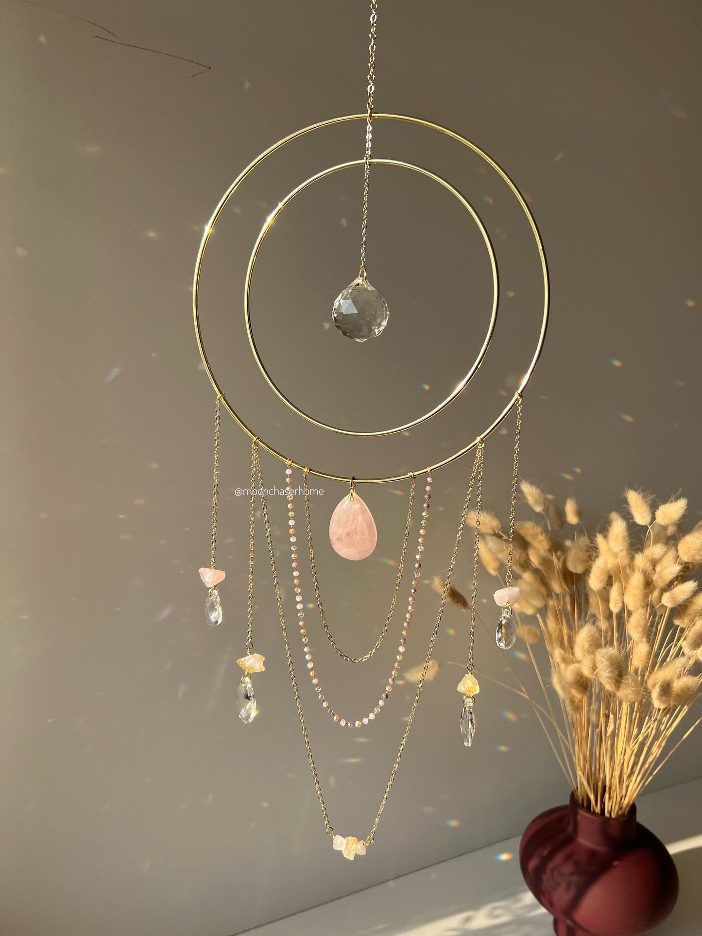 Nova rose quartz + citrine suncatcher 19cm/7,4″ gold circle big suncatcher