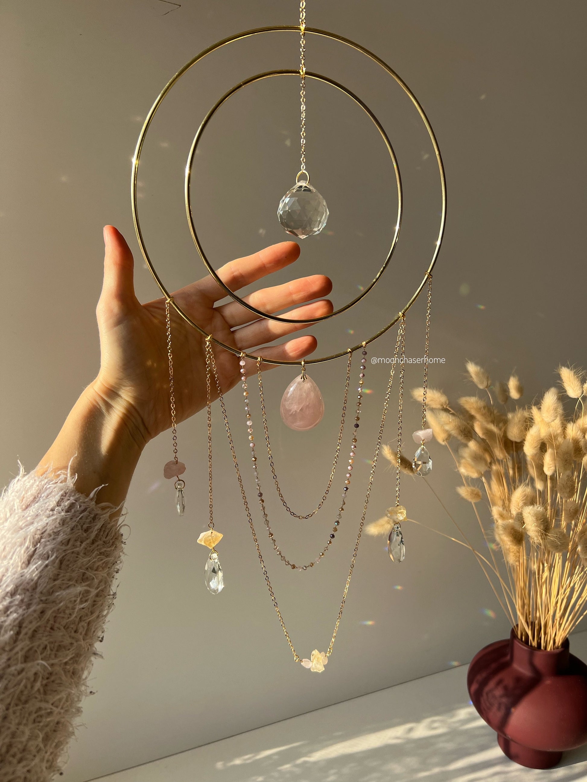 Nova rose quartz + citrine suncatcher 19cm/7,4″ gold circle big suncatcher