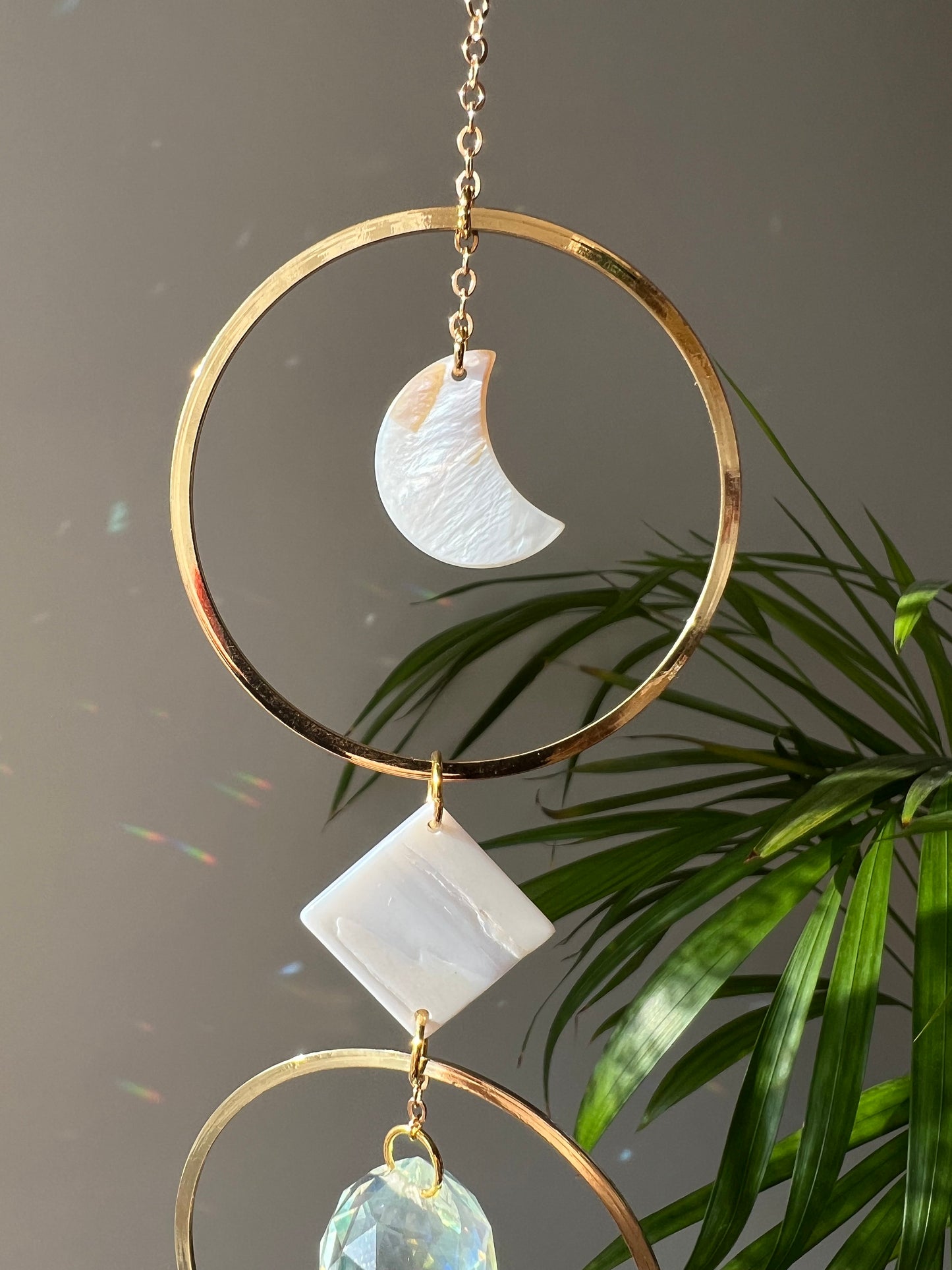 Nala Sun Catcher with shell and brass hoops,  Fairy or Sphere Prism, Window Hanging Rainbow Maker