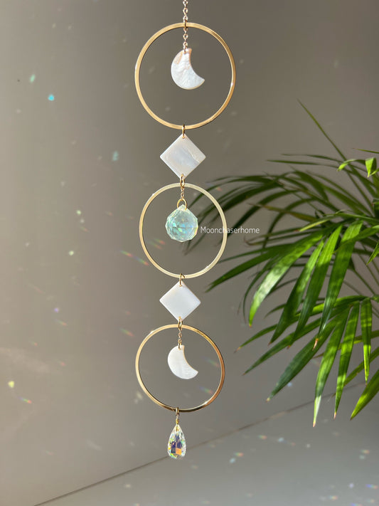 Nala Sun Catcher with shell and brass hoops,  Fairy or Sphere Prism, Window Hanging Rainbow Maker