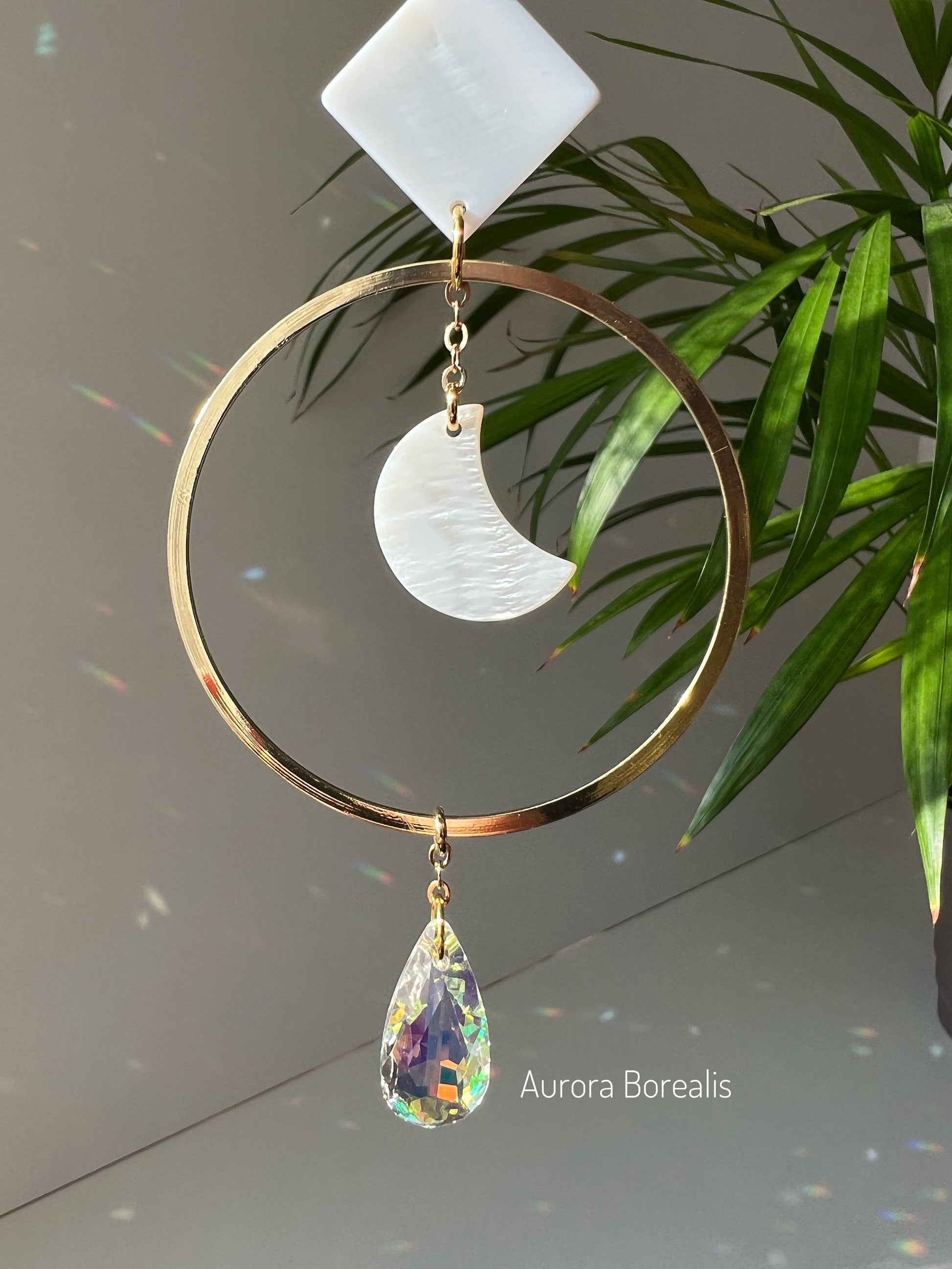 Nala Sun Catcher with shell and brass hoops,  Fairy or Sphere Prism, Window Hanging Rainbow Maker