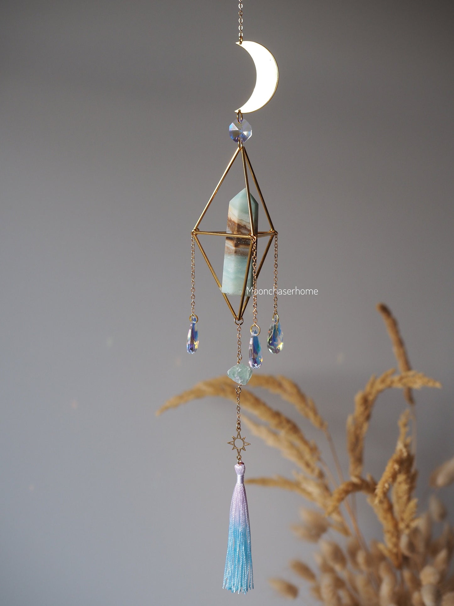 Carabbean Calcite Cresent moon suncatcher, hanging crystal