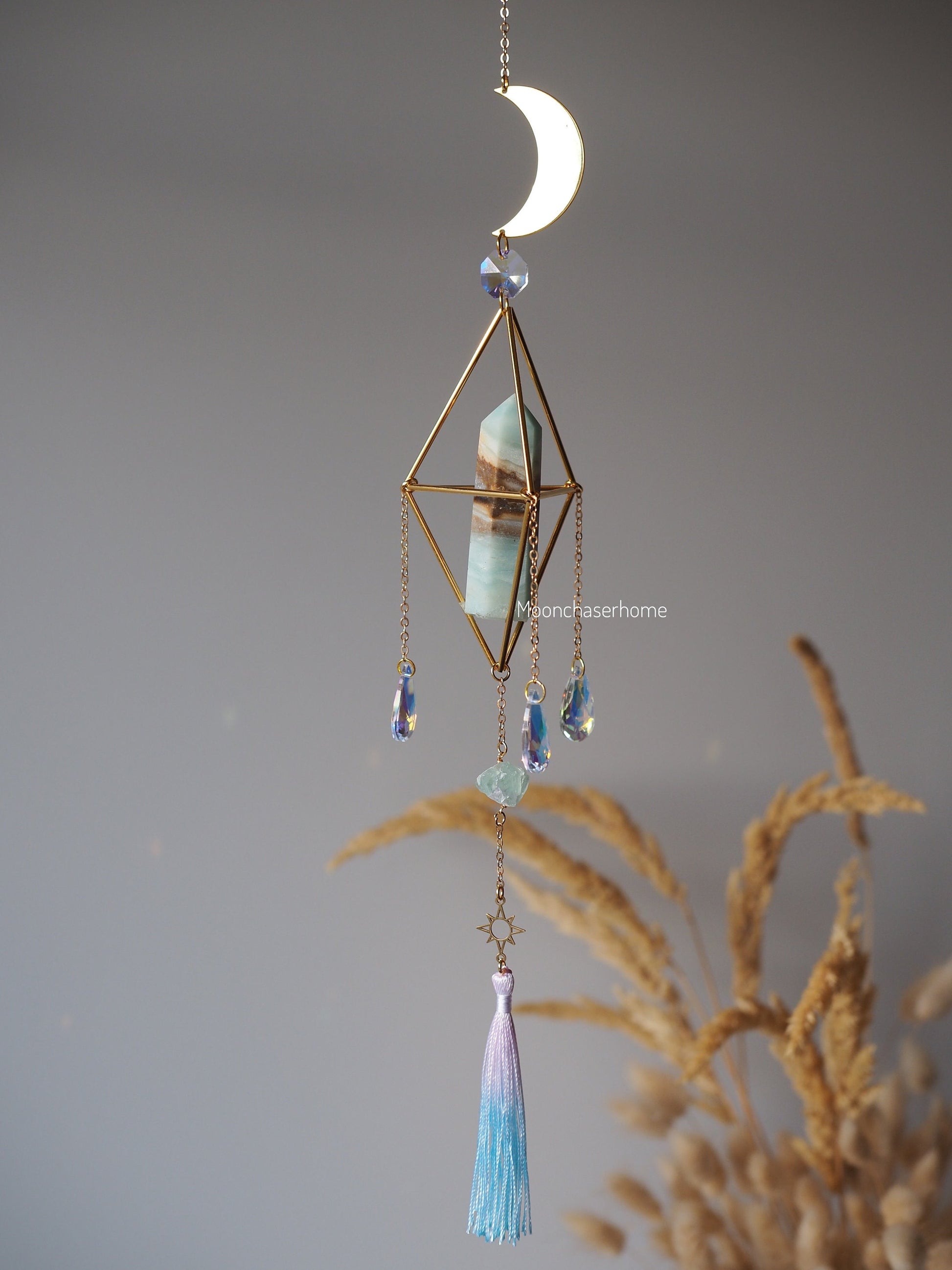 Carabbean Calcite Cresent moon suncatcher, hanging crystal