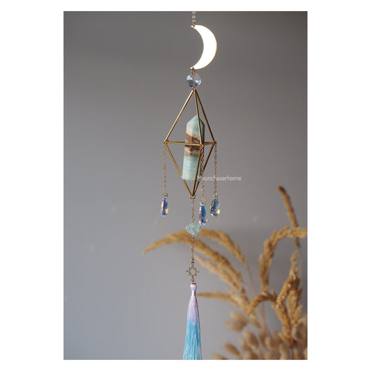 Carabbean Calcite Cresent moon suncatcher, hanging crystal