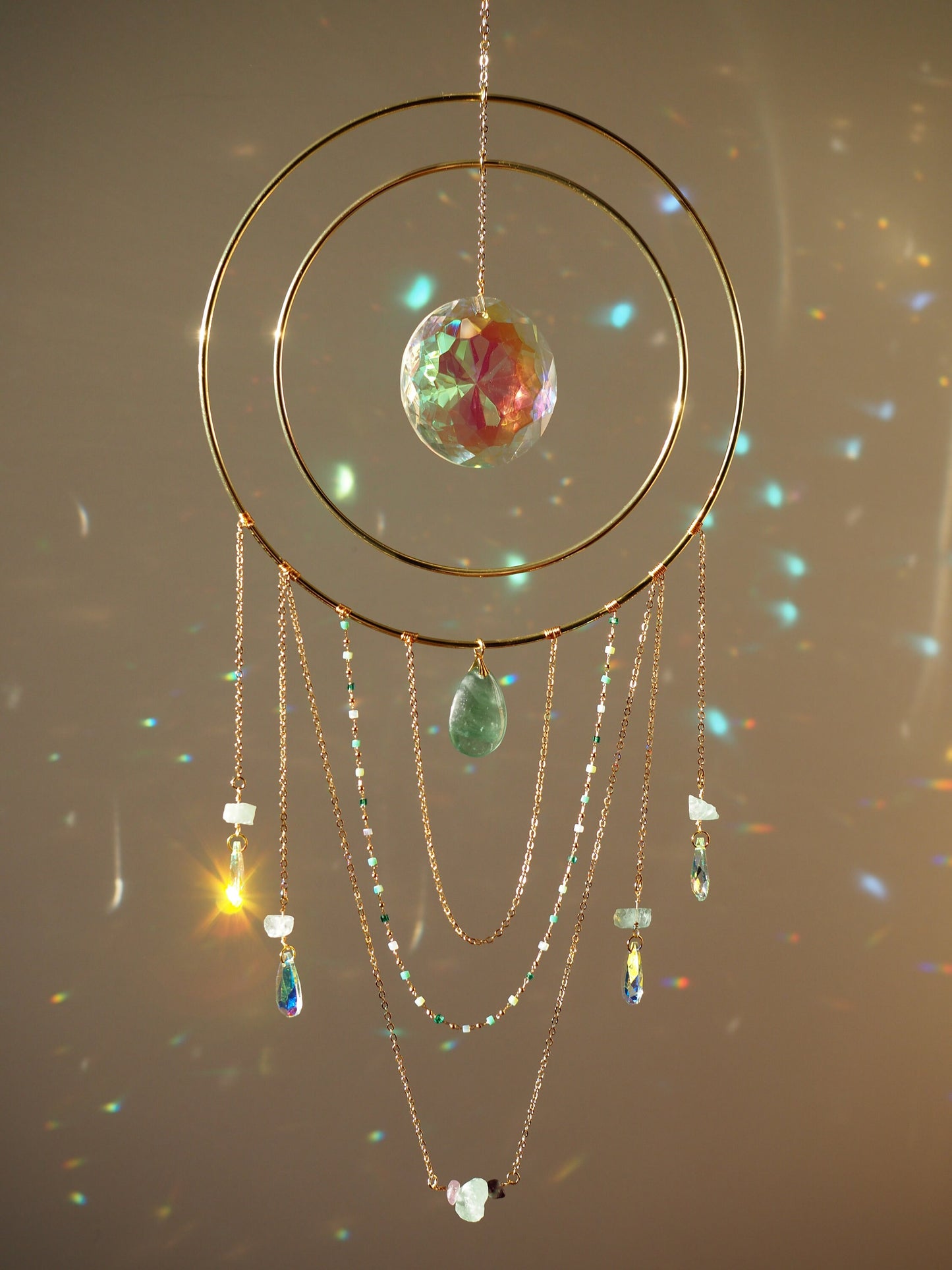 Nova Fluorite crystal suncatcher 19cm/7,4″ gold circle big suncatcher