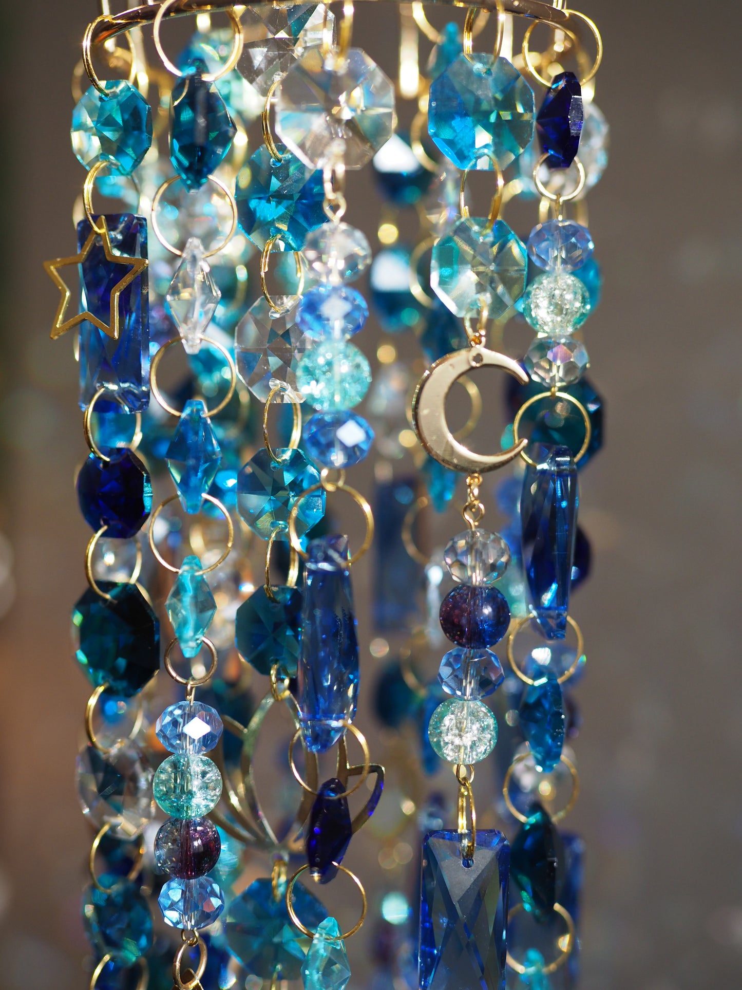 Blue Crystal wind chime suncatchers with moon, stars, lotus charms - Aria