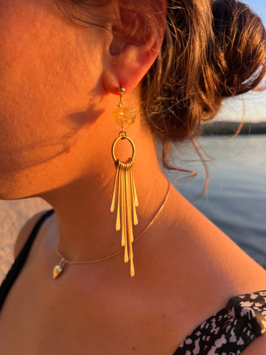 Leyla- fringe brass crystal long earrings