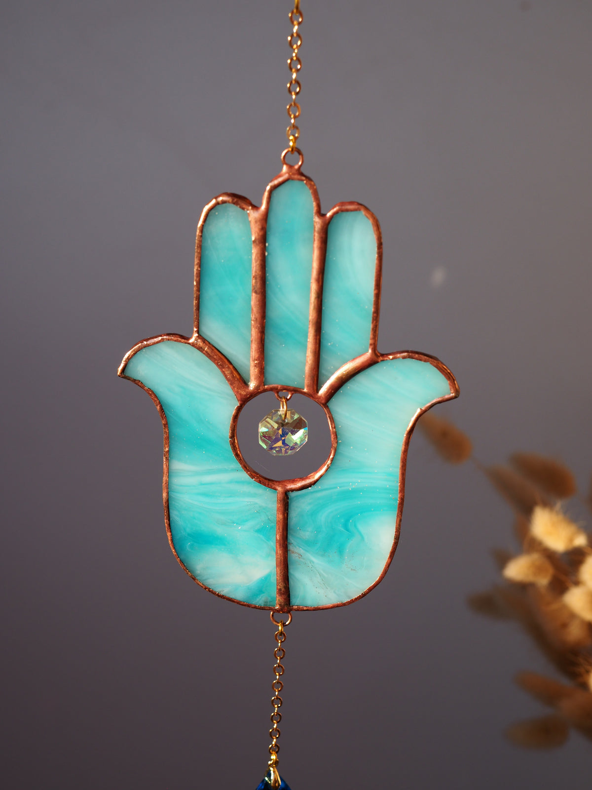 Stained glass Hamsa suncatcher with Amazonite crystal