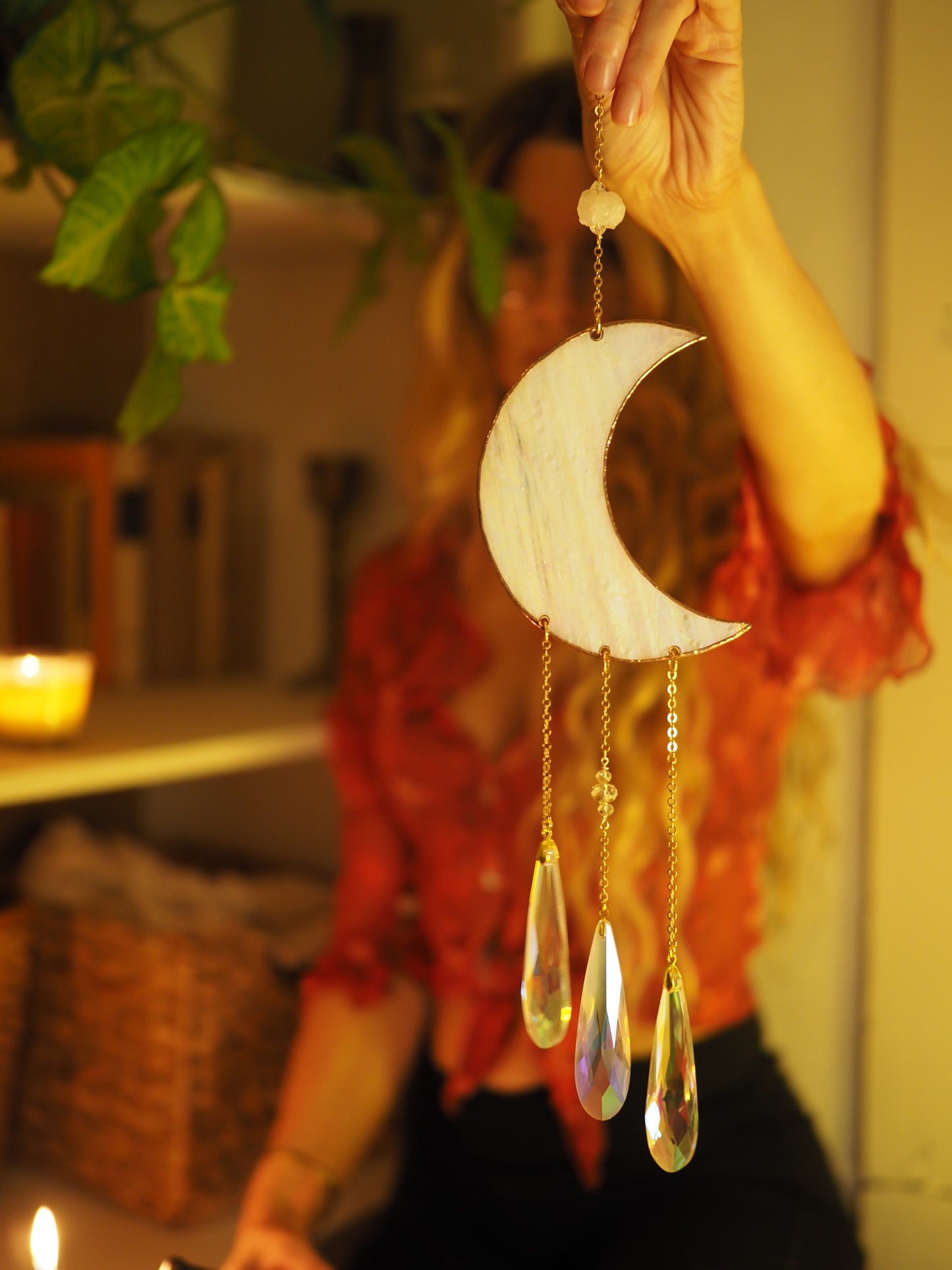 Stained glass Moon suncatcher window decor- iridescent glass