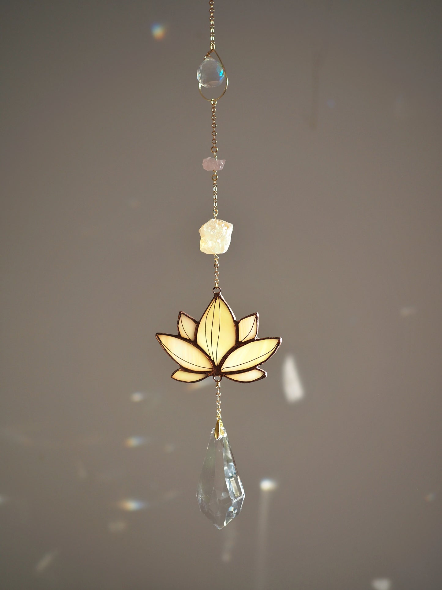 Stained glass window hangings lotus flower suncatchers with natural crystals big prism hanging decor