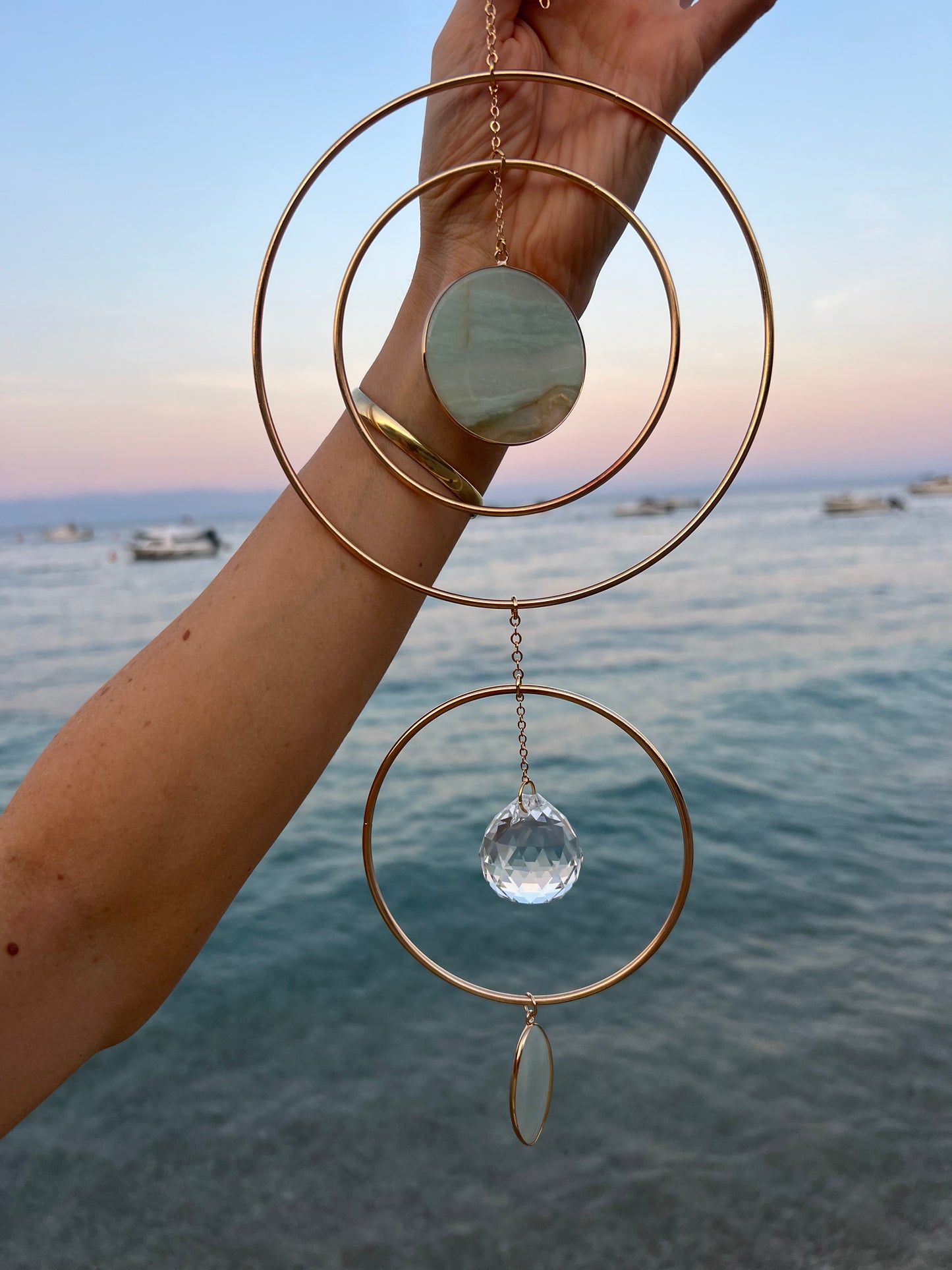 Meera light gold hoop suncatcher home decor with two big rose quartz/amazonite pendant