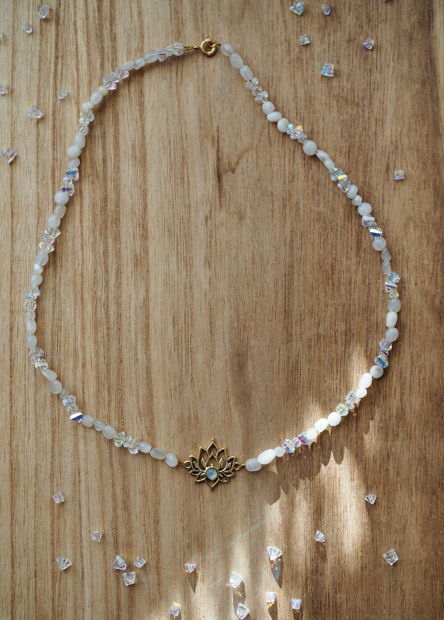 Moonstone necklace with lotus charm