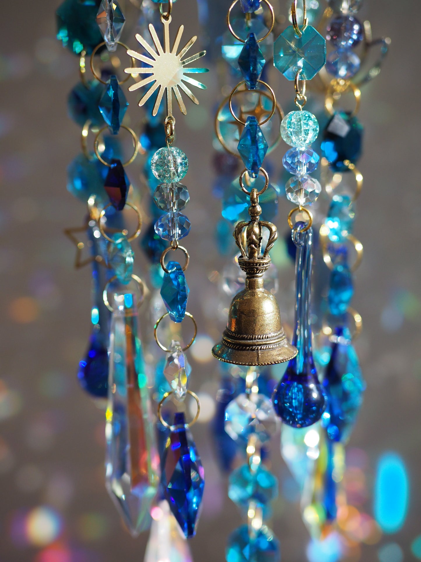 Blue Crystal wind chime suncatchers with moon, stars, lotus charms - Aria