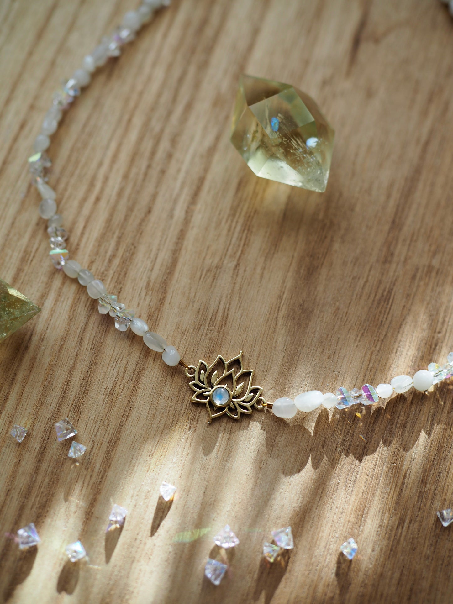 Moonstone necklace with lotus charm