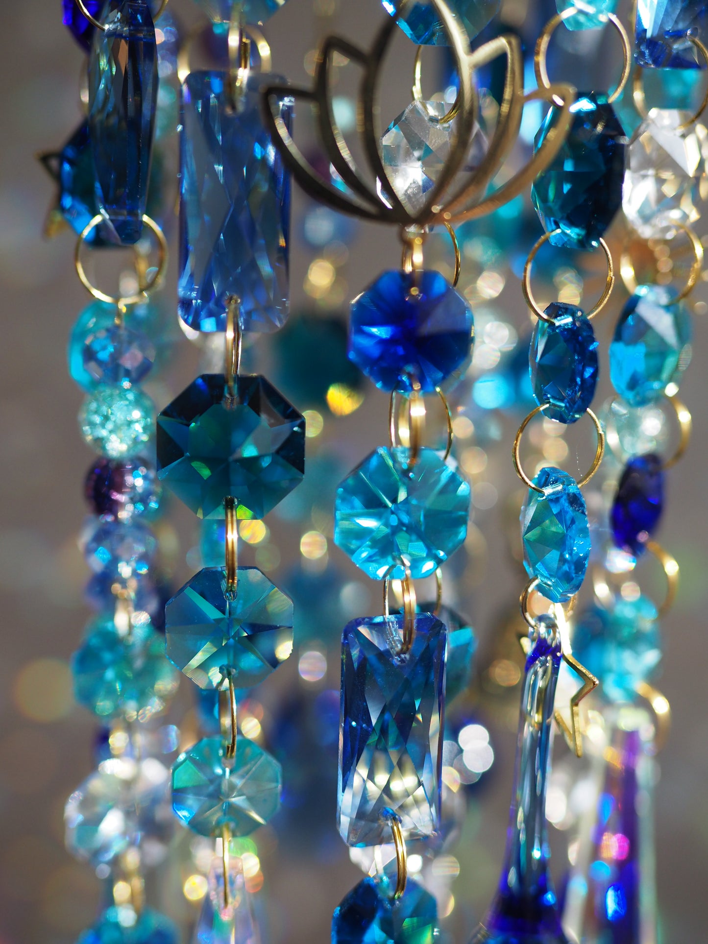 Blue Crystal wind chime suncatchers with moon, stars, lotus charms - Aria