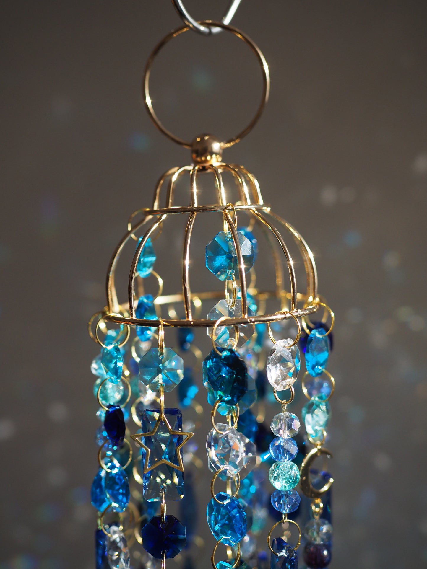 Blue Crystal wind chime suncatchers with moon, stars, lotus charms - Aria