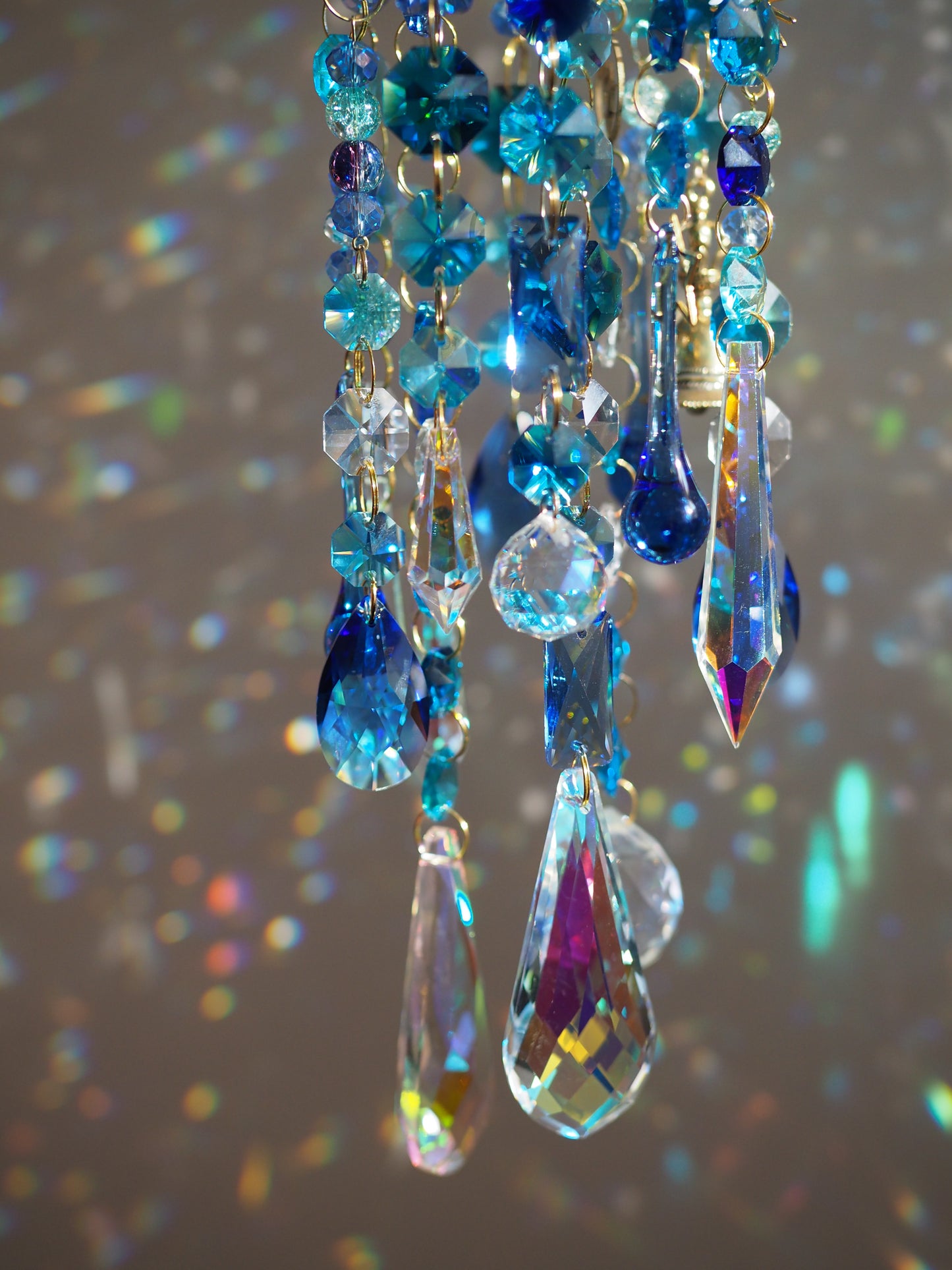 Blue Crystal wind chime suncatchers with moon, stars, lotus charms - Aria