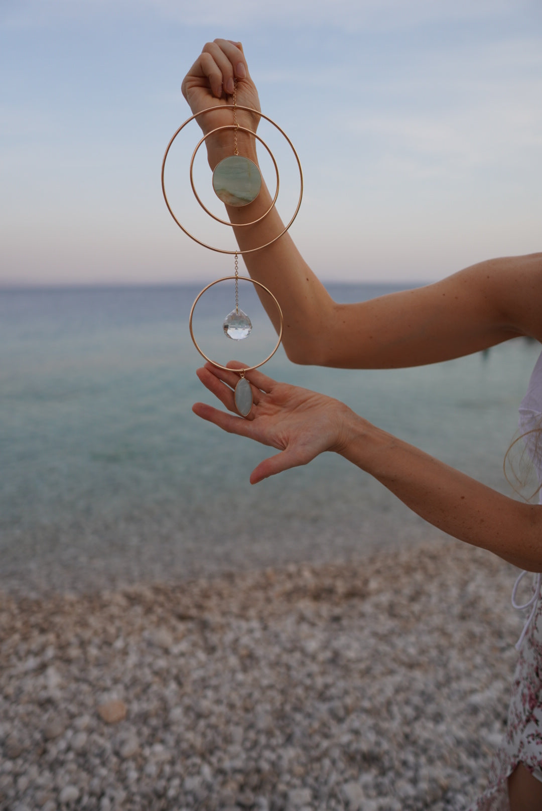 Meera light gold hoop suncatcher home decor with two big rose quartz/amazonite pendant