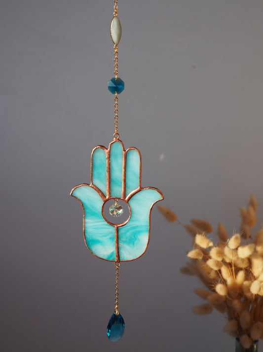 Stained glass Hamsa suncatcher with Amazonite crystal