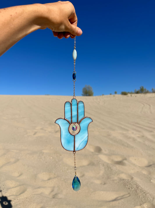 Stained glass Hamsa suncatcher with Amazonite crystal