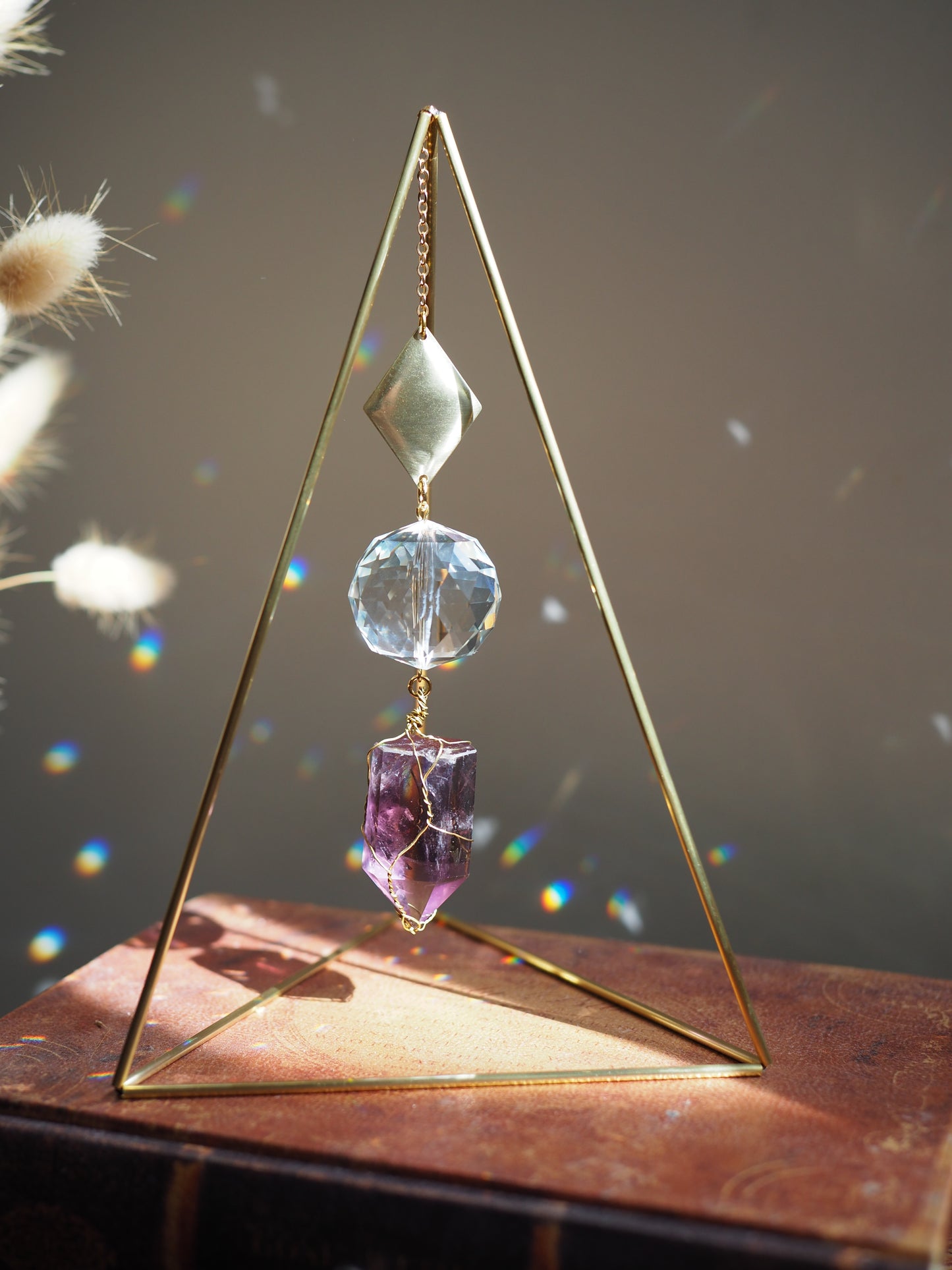 Standing suncatcher with amethyst- tabletop prism triangle suncatcher crystal decor- Arion