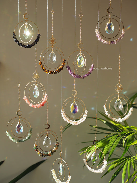 Aziza suncatcher+ gemstones- 18K real GOLD PLATED moon car charm, birthday gift, gift for her, sun catcher