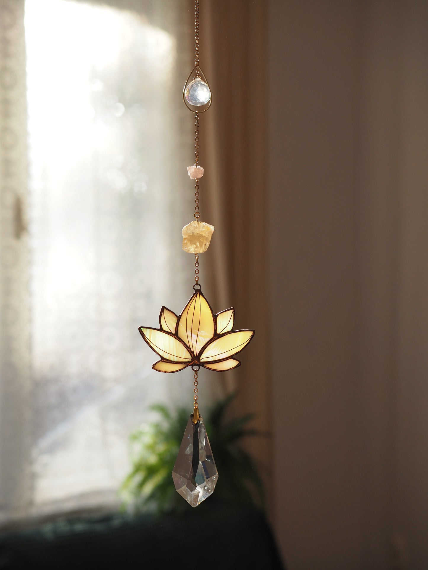 Stained glass window hangings lotus flower suncatchers with natural crystals big prism hanging decor