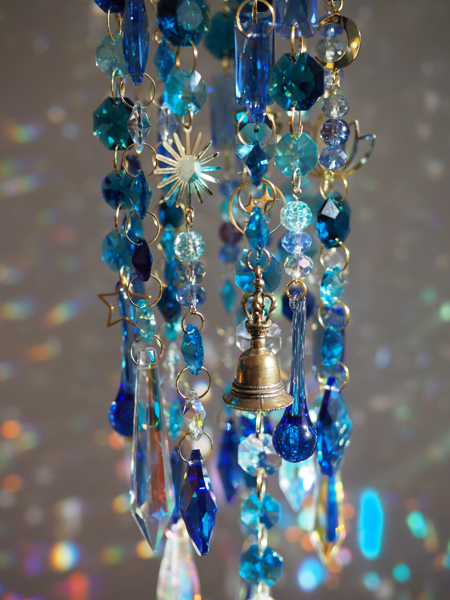 Blue Crystal wind chime suncatchers with moon, stars, lotus charms - Aria