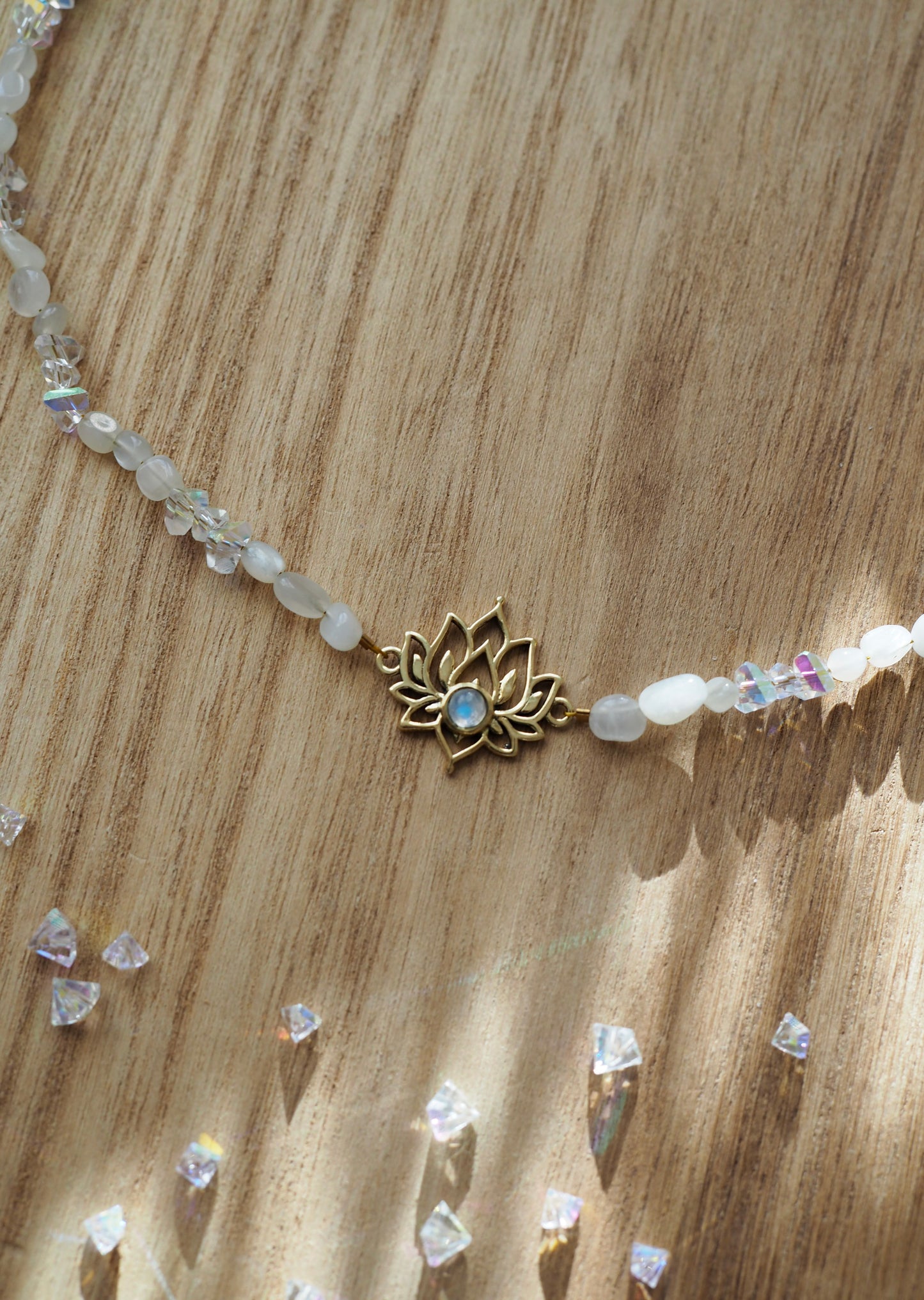 Moonstone necklace with lotus charm