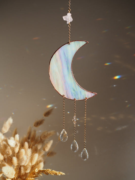 Stained glass Moon suncatcher window decor- iridescent glass