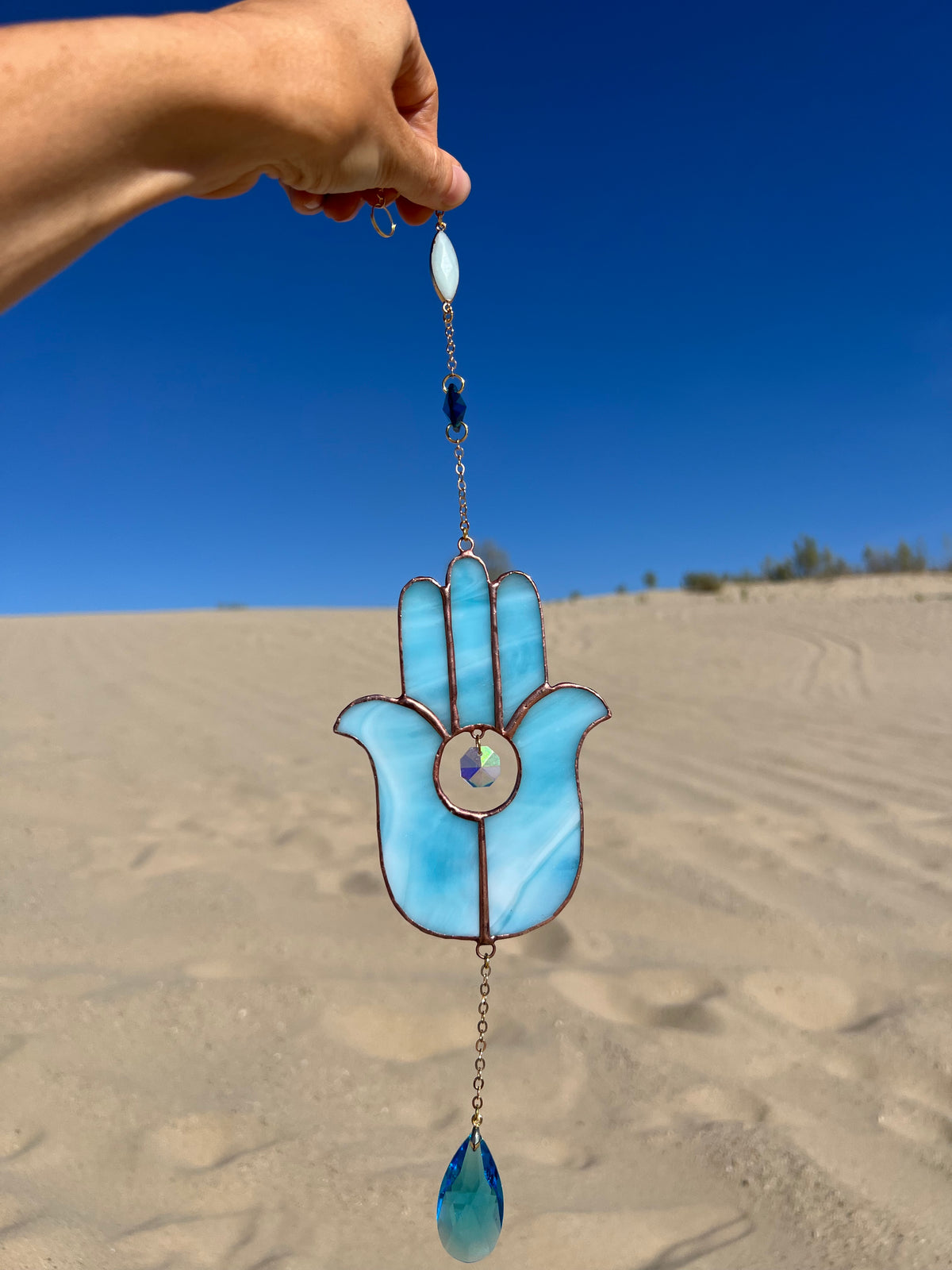Stained glass Hamsa suncatcher with Amazonite crystal