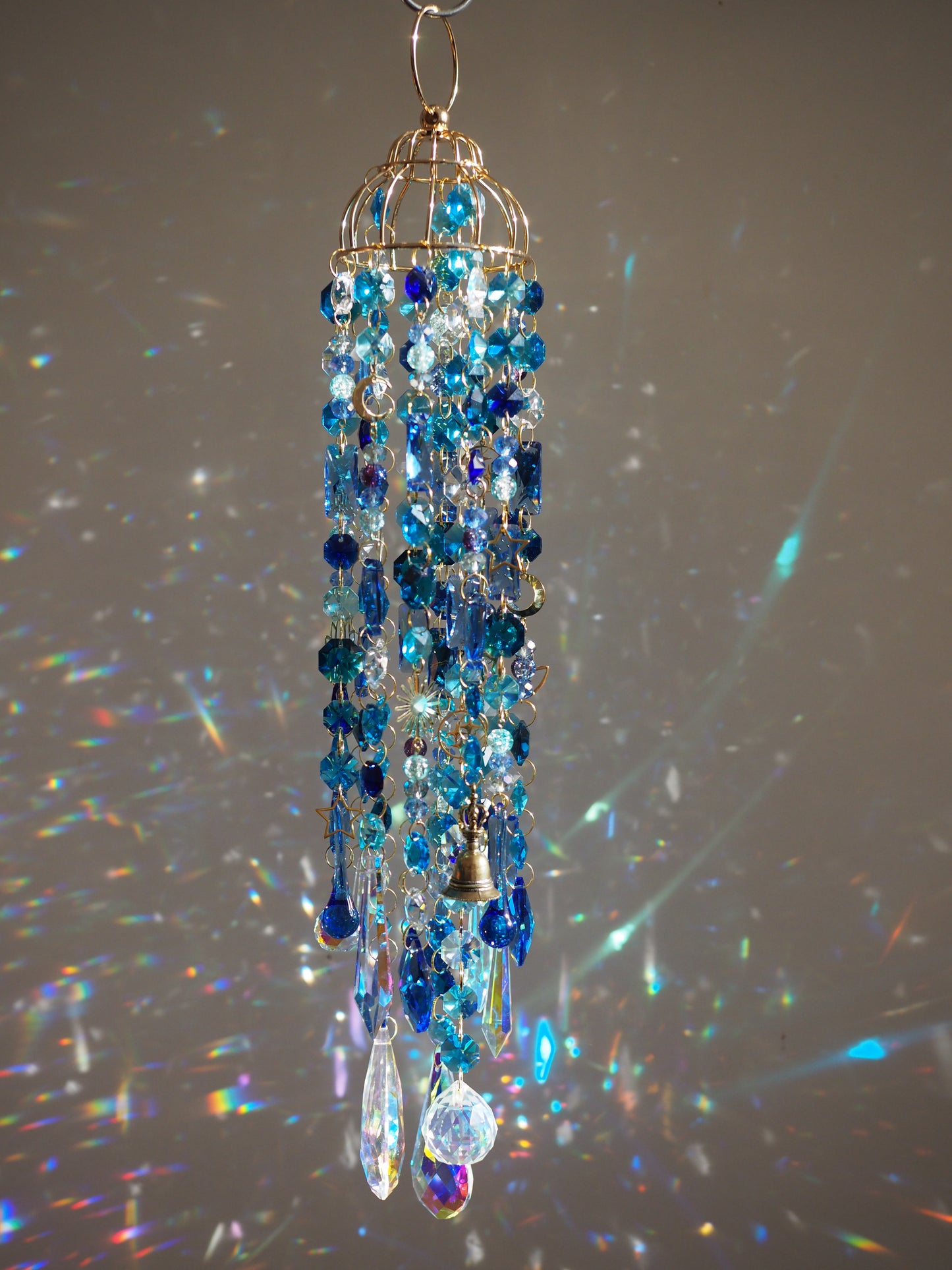 Blue Crystal wind chime suncatchers with moon, stars, lotus charms - Aria