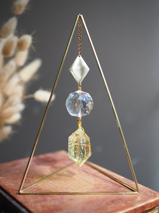 Standing suncatcher with citrine and amethyst- tabletop prism triangle suncatcher crystal decor- Arion
