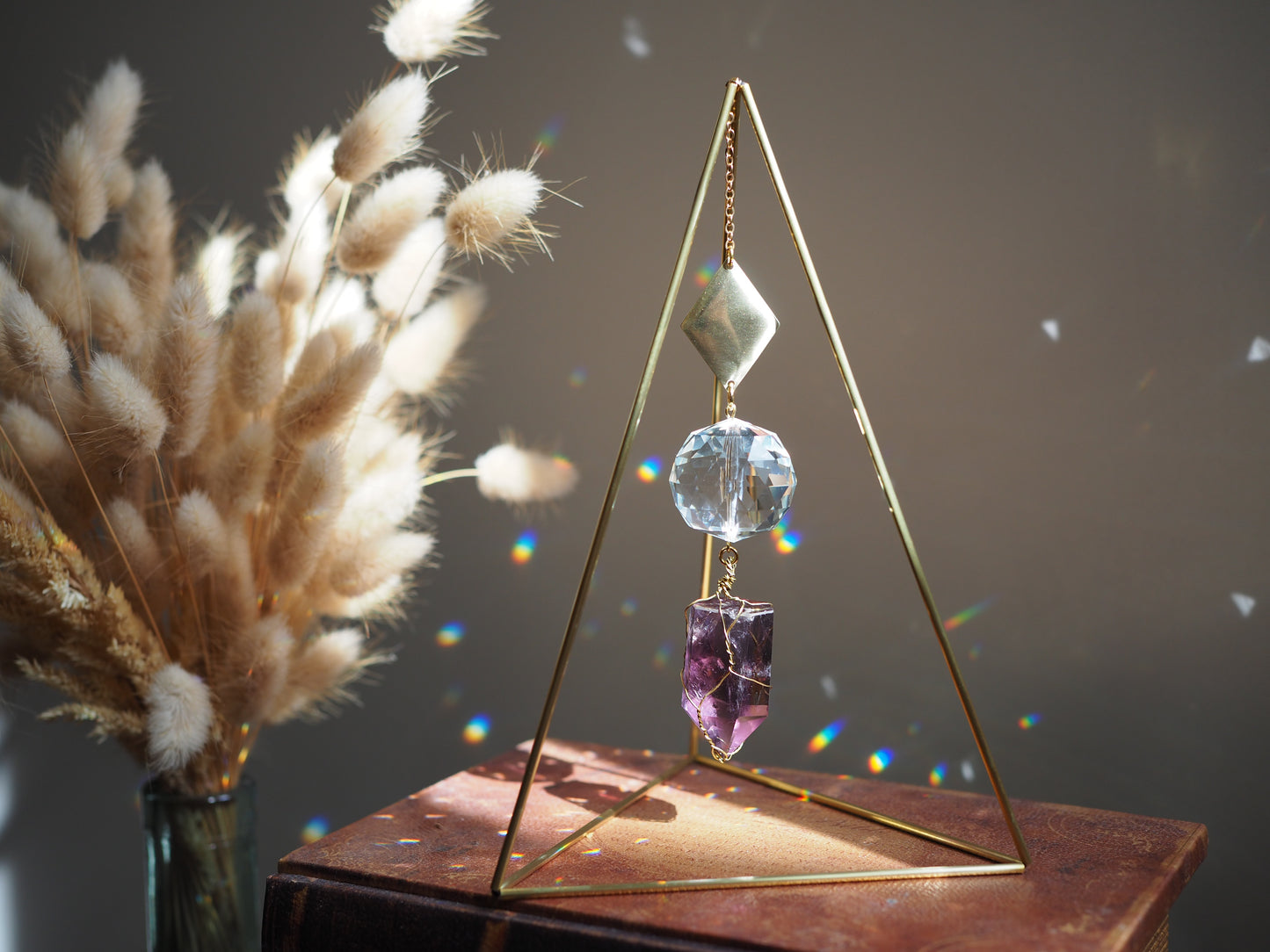 Standing suncatcher with amethyst- tabletop prism triangle suncatcher crystal decor- Arion