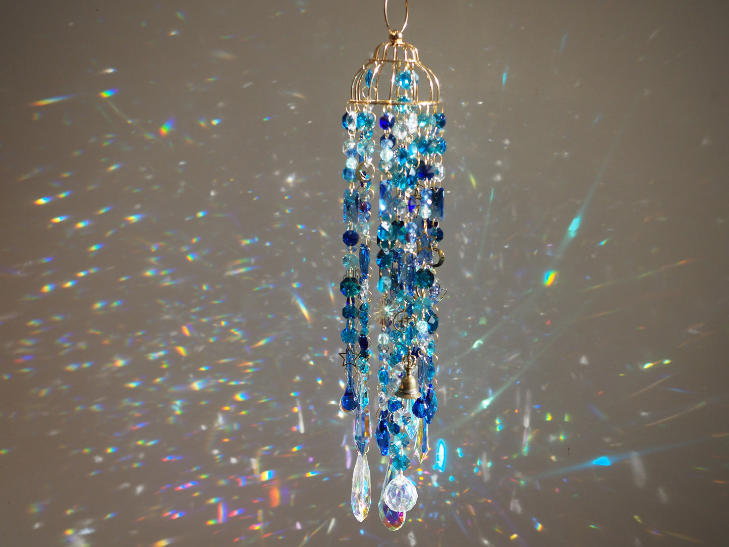 Blue Crystal wind chime suncatchers with moon, stars, lotus charms - Aria