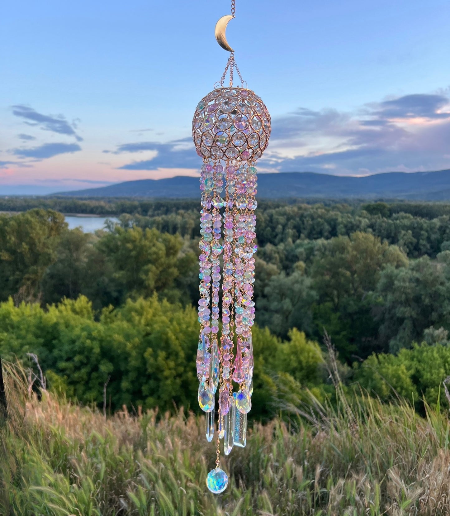 Crystal wind chime suncatcher in pastel colors and moon charm - Soraya