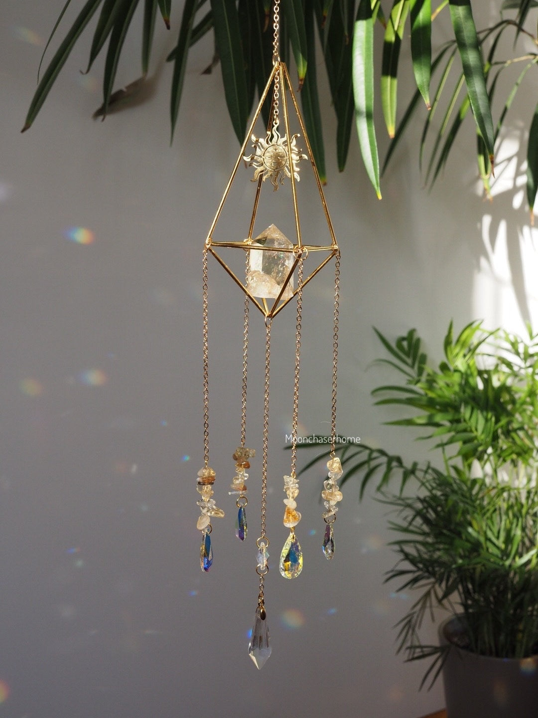 Luna-Sun Citrine crystal sun catcher with brass moon, rainbow prism, gift for woman