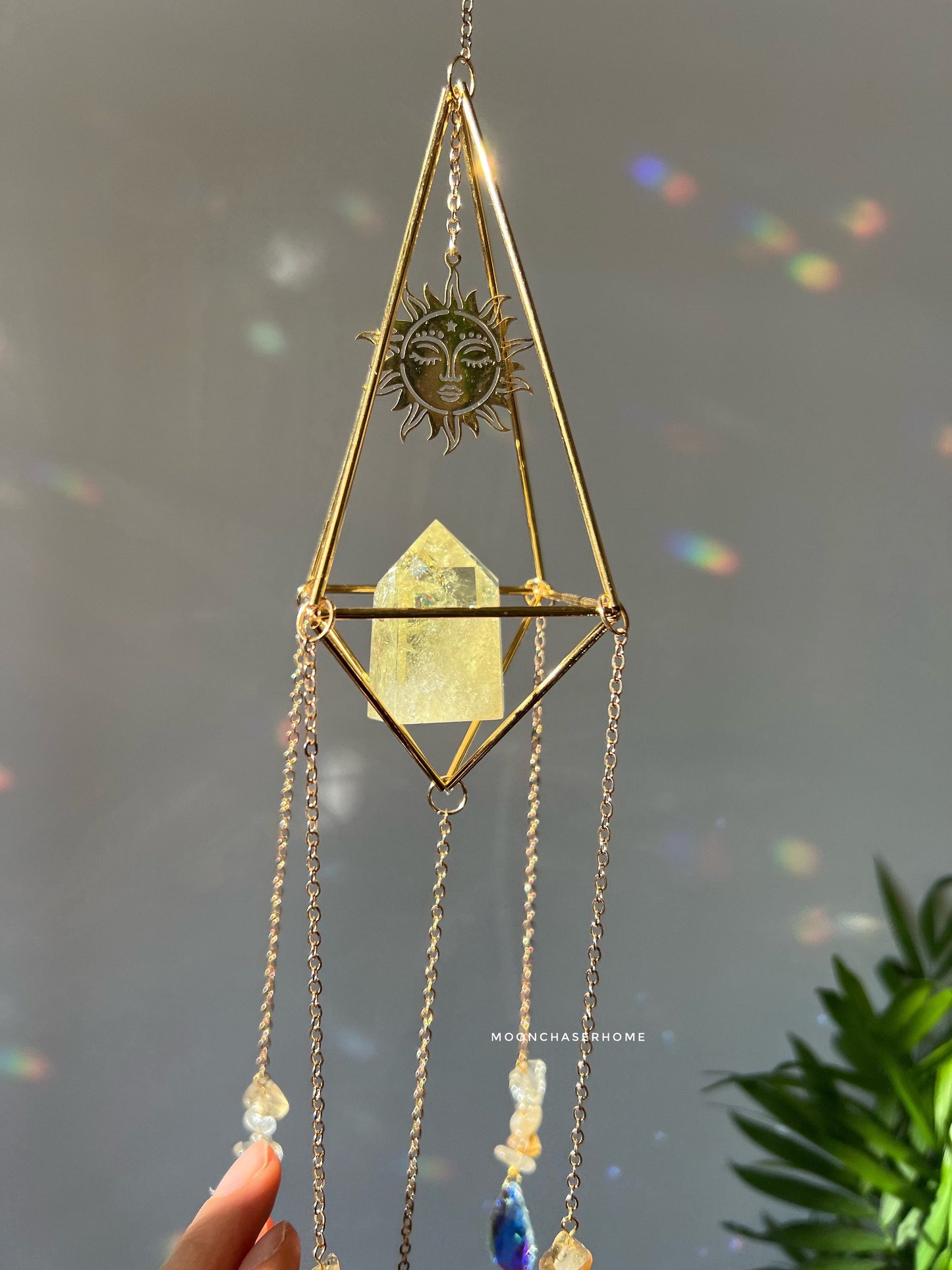 Luna-Sun Citrine crystal sun catcher with brass moon, rainbow prism, gift for woman